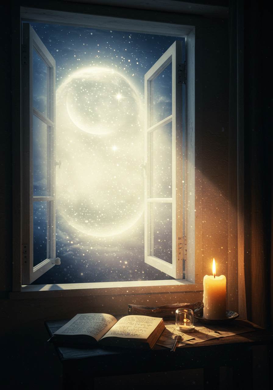 Tarot manifestation of Neville Goddard Ethereal scene of a moonlit window, journal, and candle symbolizing imagination